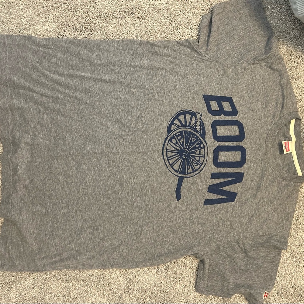 HOMAGE Gray Short Sleeve Tee with Navy 'BOOM' Cannon Graphic